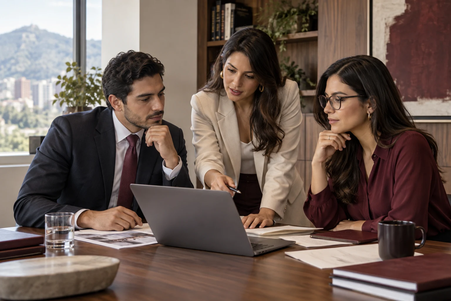 Escena conceptual de profesionales revisando documentos y cifras de una empresa